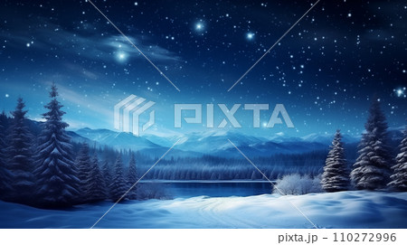Winter night landscape with the moon, trees and road, background with copy space 110272996