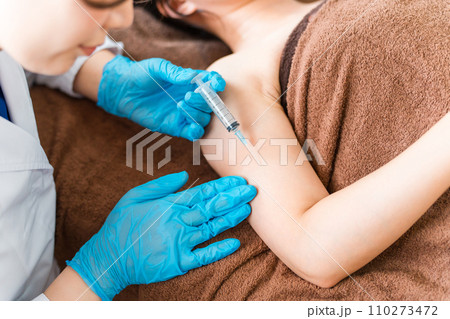二の腕にボトックス注射・脂肪溶解注射・脂肪吸引注射をする女性 110273472