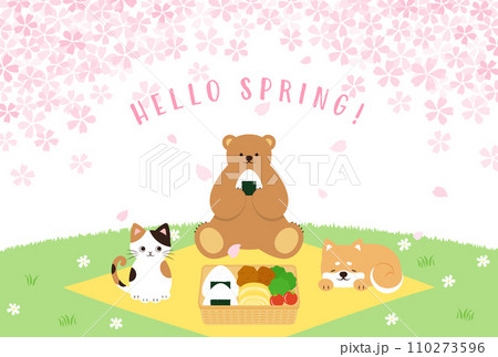 春の桜の下でお花見をする猫、くま、柴犬の背景イラスト 110273596