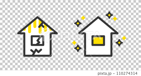Illustration of a simple house before and after renovation 110274314