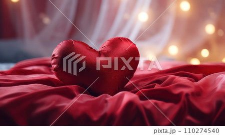 Romantic Coziness Heart Pillow on a Comfortable Bed Romantic Coziness Heart Pillow on a Comfortable Bed 110274540