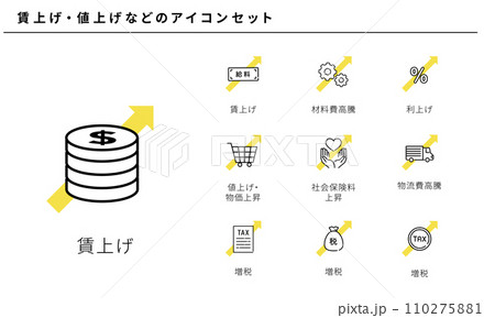 賃上げ・値上げなどのシンプルラインアイコンセット、ベクター 110275881