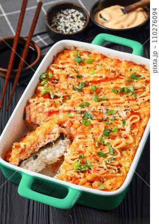 sushi bake with salmon, rice, seaweed, crab meat sushi bake with salmon, rice, seaweed, crab meat 110276094