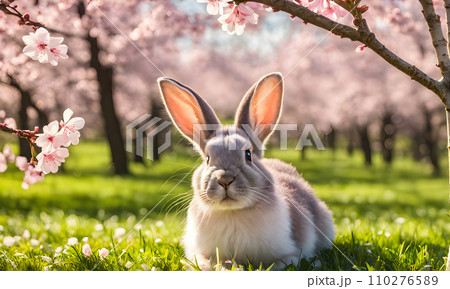 Easter enchantment: Rabbit in a spring blossom field 110276589