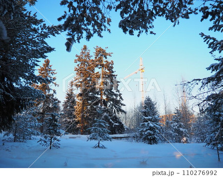 Creation of a new property in a deserted place, far from the city center. Pine winter forest. Lifting construction crane against the blue sky. The city's attack on the forest and nature. Ecology Creation of a new property in a deserted place, far from the city center. Pine winter forest. Lifting construction crane against the blue sky. The city's attack on the forest and nature. Ecology 110276992