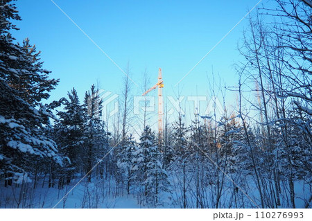 Creation of a new property in a deserted place, far from the city center. Pine winter forest. Lifting construction crane against the blue sky. The city's attack on the forest and nature. Ecology Creation of a new property in a deserted place, far from the city center. Pine winter forest. Lifting construction crane against the blue sky. The city's attack on the forest and nature. Ecology 110276993