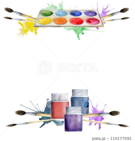 Watercolor hand drawn illustration, kids children painting materials supplies, paint palette, brushes, color splashes. Square frame isolated on white. For school, kindergarten, party, cards, website 110277092