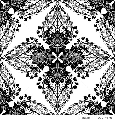 Vector monochrome decorative pattern with kaleidoscope poinsettia. Seamless lace festive tracery texture with Christmas flower with foliage 110277476
