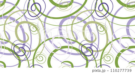 Seamless linear geometric pattern with spirals. Abstract line drawing. Irregular chaotically crossed curved lines texture. Colorful flat simple minimalistic background. Trendy textile design. 110277739