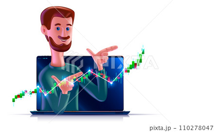 Stock market trader on screen laptop show financial investment graph. 3d vector character of stock exchange trader. 3d cartoon smiling man on screen laptop shows on stock growth chart. Profit chart. Stock market trader on screen laptop show financial investment graph. 3d vector character of stock exchange trader. 3d cartoon smiling man on screen laptop shows on stock growth chart. Profit chart. 110278047