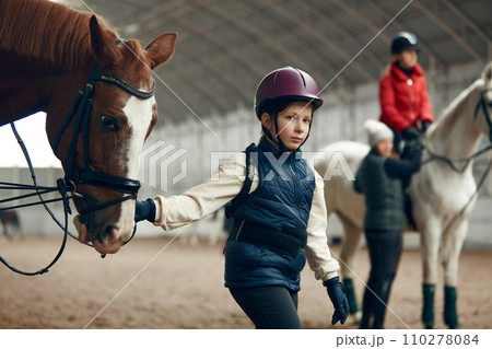 Little girl, kid in helmet holding horse and walking on special arena. Horseback riding course, training for children Little girl, kid in helmet holding horse and walking on special arena. Horseback riding course, training for children 110278084
