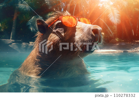 Cute capybara swims in a pool with turquoise water. Funny rodent on the background of palm 110278332
