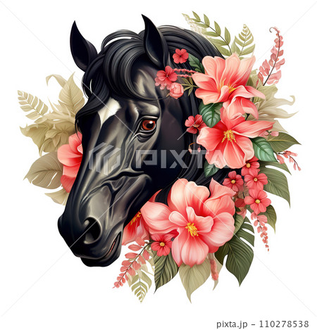 Image of black horse head with colorful tropical flowers. Farm animals., Mammals. Image of black horse head with colorful tropical flowers. Farm animals., Mammals. 110278538