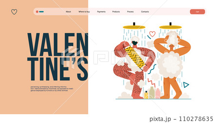 Valentine: Shared Routine - modern flat vector concept illustration of a couple engaging in a playful shower routine together. Metaphor of intimacy in daily life, unity, affection, love, connection 110278635