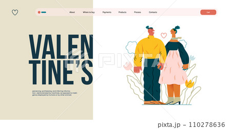Valentine: Tender Moments -modern flat vector concept illustration of a couple in loving gaze, looking to each other holding hands. Metaphor of blossoming love, unity, affection, connection, growth 110278636