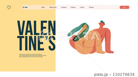 Valentine: Embraced in Harmony - modern flat vector concept illustration of a naked couple intertwined in a serene, floral environment. Metaphor of unity, affection, love, connection, growth 110278638