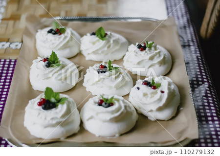 Meringue French dessert. Homemade sweet food. Meringue French dessert. Homemade sweet food. 110279132