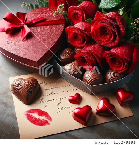 AI-generated content. Gift for Valentine's Day. Red roses and love note, chocolate. Valentine's Day concept. AI-generated content. Gift for Valentine's Day. Red roses and love note, chocolate. Valentine's Day concept. 110279191