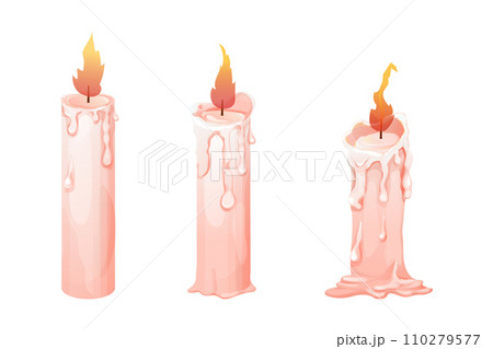 Set wax candle stages burning with fire, flame in cartoon style isolated on white background. Animation objects 110279577