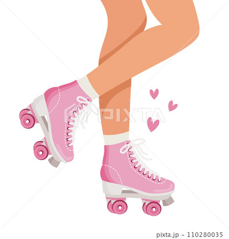 Legs of a girl in retro roller skates and socks. Roller skating woman. Retro illustration in flat style. Vector 110280035