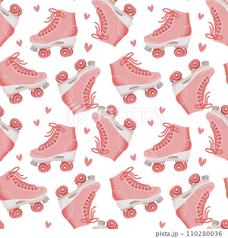 Seamless pattern with cute retro roller skates. Vintage texture for children's textiles, wrapping paper. Cartoon background for girls. Vector 110280036