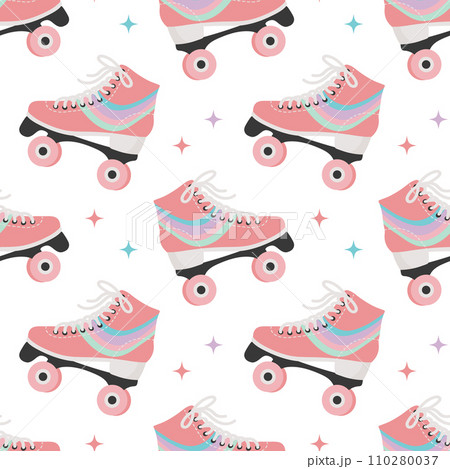 Seamless pattern with cute retro roller skates. Vintage texture for children's textiles, wrapping paper. Cartoon background for girls. Vector 110280037