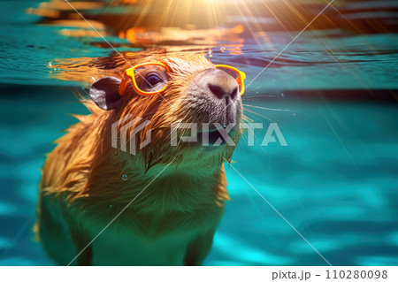 Cute capybara in swimming glasses swims in a pool with turquoise water. 110280098
