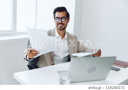 Holding businessman laptop planning paper office 110280172