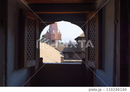 watch outside though Newar window window having the view of temple of Silu Mahadeva in Bhaktapur durbar square 110280180