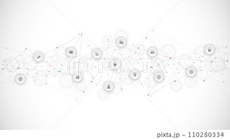 Information technology background with infographic elements and flat icons. Digital technology, network connection and communication concept. Vector illustration. Information technology background with infographic elements and flat icons. Digital technology, network connection and communication concept. Vector illustration. 110280334