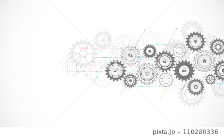 Information technology concept with infographic elements and flat icons. Cogs and gear wheel mechanisms. Hi-tech digital technology and engineering. Abstract technical background. Vector illustration Information technology concept with infographic elements and flat icons. Cogs and gear wheel mechanisms. Hi-tech digital technology and engineering. Abstract technical background. Vector illustration 110280336