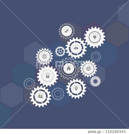 Information technology concept with infographic elements and flat icons. Cogs and gear wheel mechanisms. Hi-tech digital technology and engineering. Abstract technical background. Vector illustration Information technology concept with infographic elements and flat icons. Cogs and gear wheel mechanisms. Hi-tech digital technology and engineering. Abstract technical background. Vector illustration 110280343
