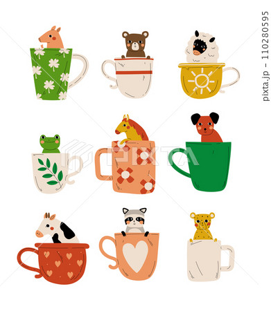 Collection of Cute Animals in Teacups, Adorable Little Pig, Bear, Lamb, Frog, Horse, Dog, Cow, Raccoon, Tiger Characters Sitting in Coffee Mug Cartoon Vector Illustration 110280595