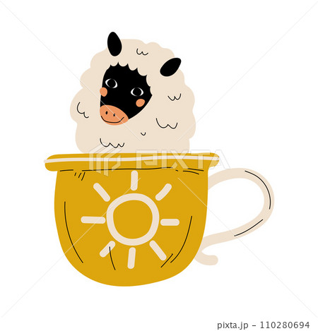 Cute Sheep in Teacup, Adorable Little Lamb Cartoon Animal Character Sitting in Coffee Mug Vector Illustration 110280694