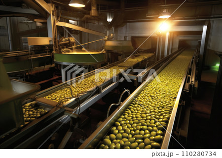 Olive processing plant. A room with mechanical conveyors for sorting the fruits of olive trees. Generated by AI. Olive processing plant. A room with mechanical conveyors for sorting the fruits of olive trees. Generated by AI. 110280734