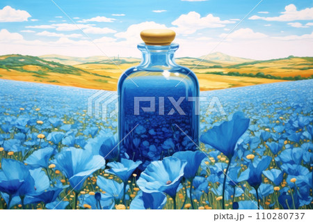 Exquisite blue glass bottle with flax oil. A transparent beautiful flacon with a shiny lid 110280737