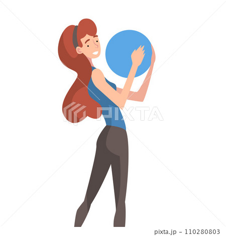 Girl Holding Blue Ball, Young Woman Organizing Circular Abstract Geometric Shape Vector Illustration 110280803