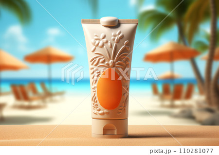 Mock-up of sunscreen on the background of the beach, sea, umbrella and palm trees 110281077