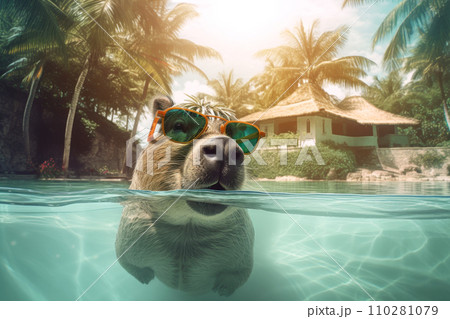 Cute capybara swims in a pool with turquoise water. Funny rodent on the background of palm 110281079
