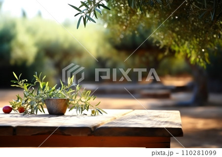 An old vintage table with carved legs under an old large olive tree An old vintage table with carved legs under an old large olive tree 110281099