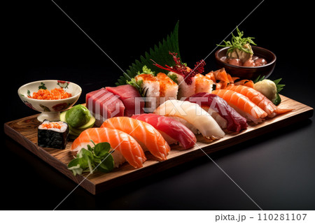 Traditional Japanese dish on a black background. Delicious fresh rolls, sushi, sashimi 110281107