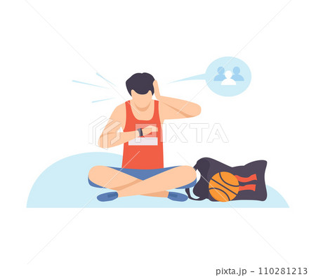 Man in sports shorts is sitting and looking at his watch. Vector illustration. 110281213