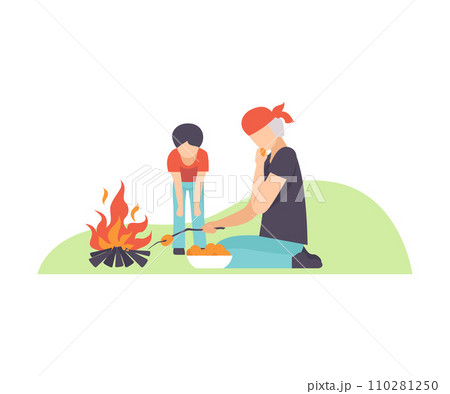 Gray-haired man with a boy fry potatoes at the stake. Vector illustration. 110281250