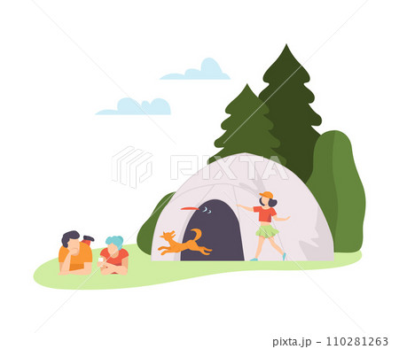 Girl plays with a dog, a man and a woman lie in a clearing at a campsite. Vector illustration. 110281263