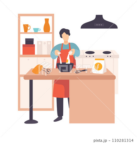 Man breaks an egg in a bowl in a modern kitchen. Vector illustration. Man breaks an egg in a bowl in a modern kitchen. Vector illustration. 110281314