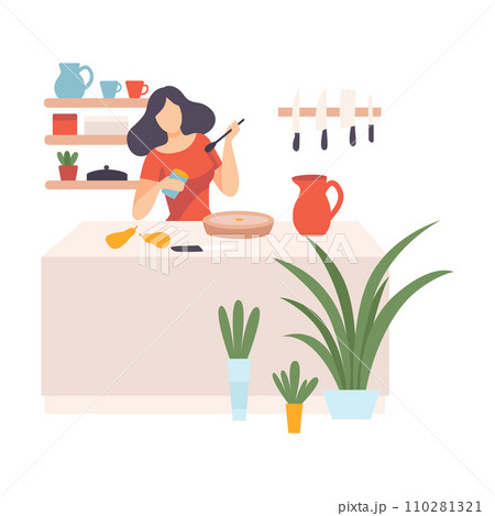 Woman in the kitchen holds an open tin can and a spoon. Vector illustration. 110281321