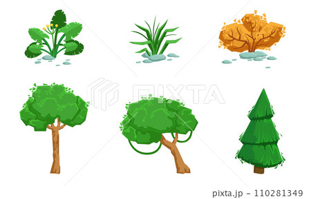 Nature Landscape Elements Set, Summer and Autumn Trees, Plants, Grass Vector Illustration 110281349