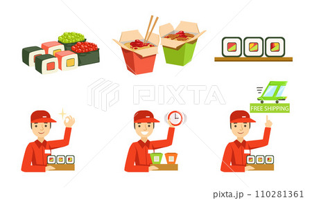 Asian Food Service Fast Delivery, Cheerful Male Courier Delivering Takeaway Food Vector Illustration Asian Food Service Fast Delivery, Cheerful Male Courier Delivering Takeaway Food Vector Illustration 110281361