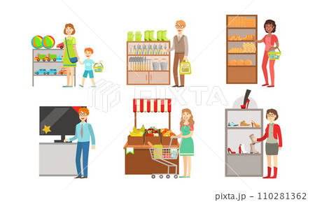 People Shopping at the Supermarket Set, Men and Women Buying Groceries, Toys, Garden Equipment, Electronics, Fruits and Vegetables, Shopping Mall Center Interior Vector Illustration 110281362