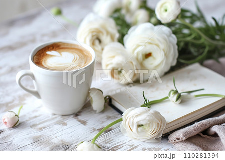 Blank open notebook on wooden rustic background with cup of coffee Blank open notebook on wooden rustic background with cup of coffee 110281394